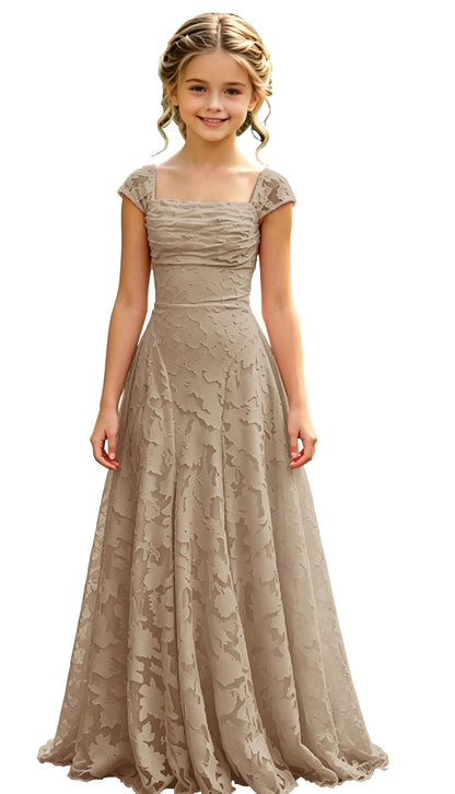 Elegance Blush Pink Lace Cap Sleeve A-Line Flower Girl Dress with Lace-Up Back