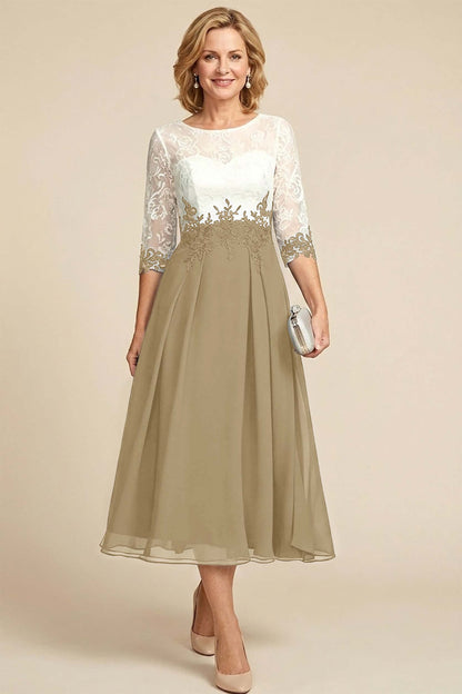 Navy Blue 3/4 Sleeve Two-Tone Lace Chiffon Mother Dresses