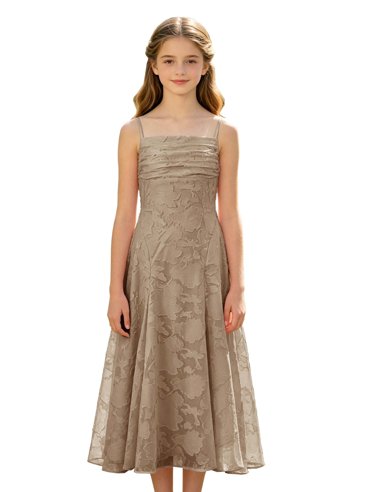 Elegant Pink Floral Jacquard A-Line Flower Girl Dress with Spaghetti Straps