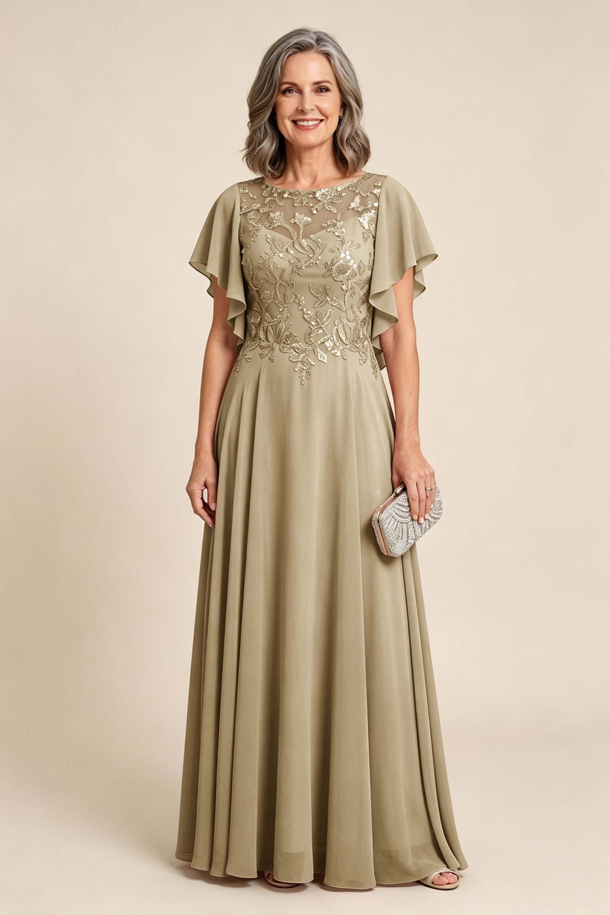 Lilac Scoop Neck Flutter Sleeve Lace Appliques Chiffon Mother Dresses