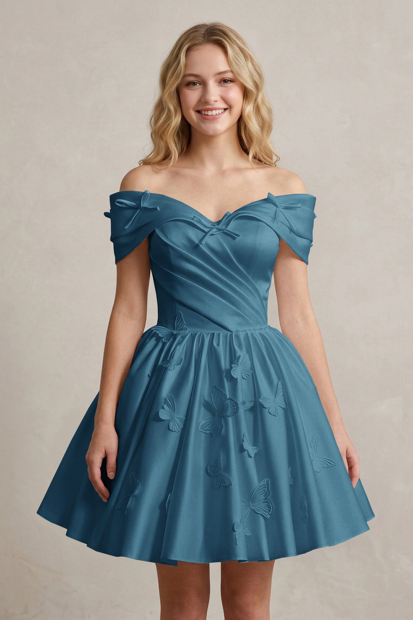 A Line Off Shoulder Ivory Satin Short Homecoming Dresses
