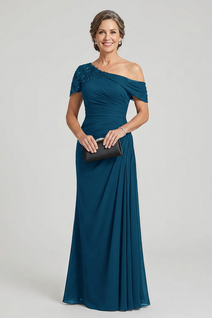 Black One-Shoulder Beaded Ruched Chiffon Mother Dresses