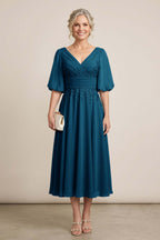 Dusty Blue V-Neck Lace Chiffon Tea-Length Mother Dresses