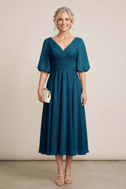 Dusty Blue V-Neck Lace Chiffon Tea-Length Mother Dresses
