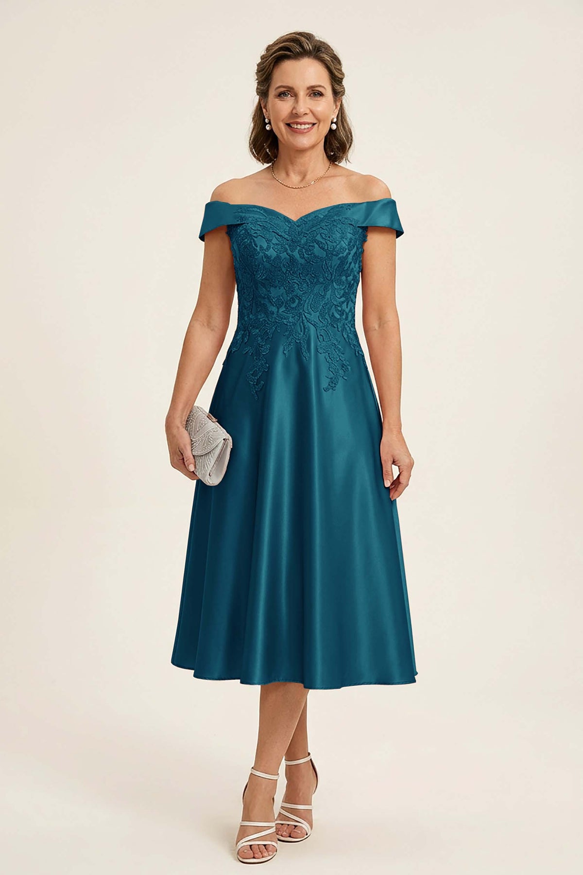 Peach Pink Off Shoulder Imitation Stretch Satin Tea-Length Mother Dresses
