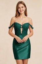 Light Pink Lace Illusion Corset Stretch Satin Mini Homecoming Dresses