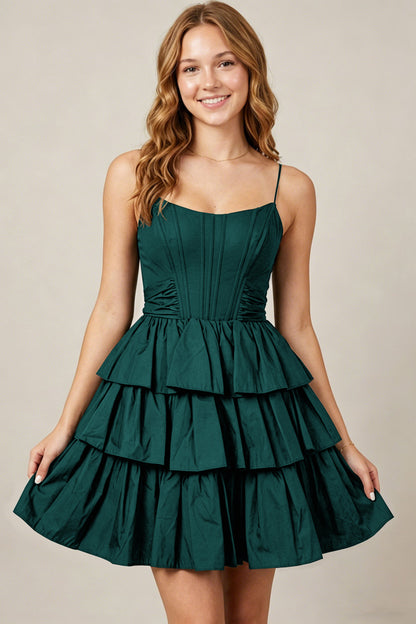 Spaghetti Straps Black Taffeta Tiered Mini Homecoming Dresses