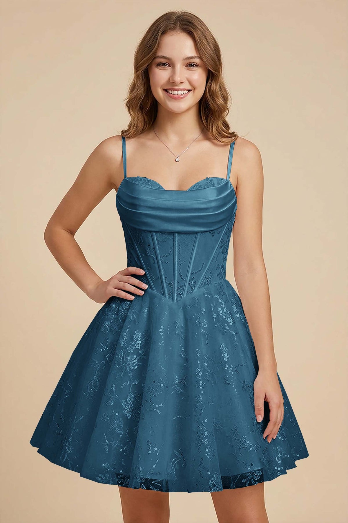 White Cowl Neck Sequin Satin Corset Homecoming Dresses