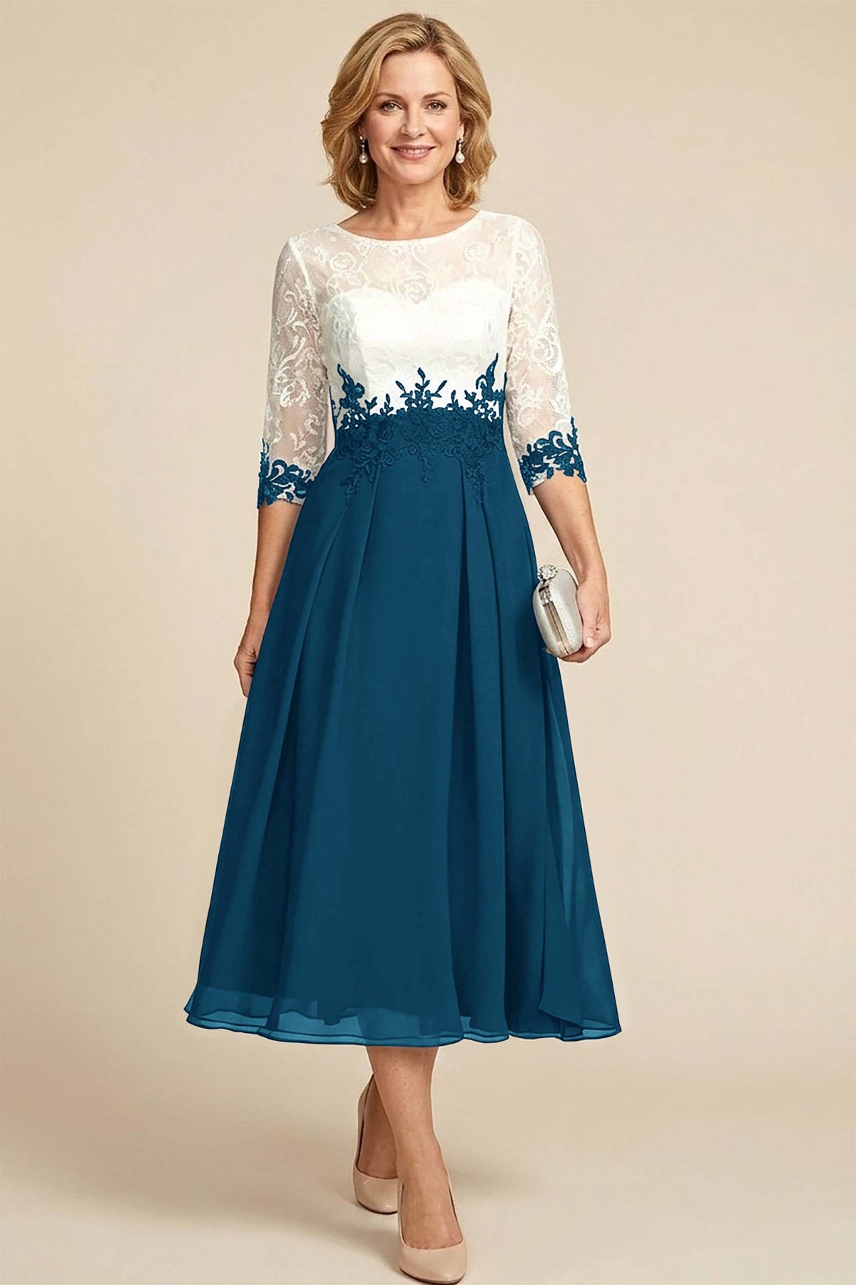Navy Blue 3/4 Sleeve Two-Tone Lace Chiffon Mother Dresses