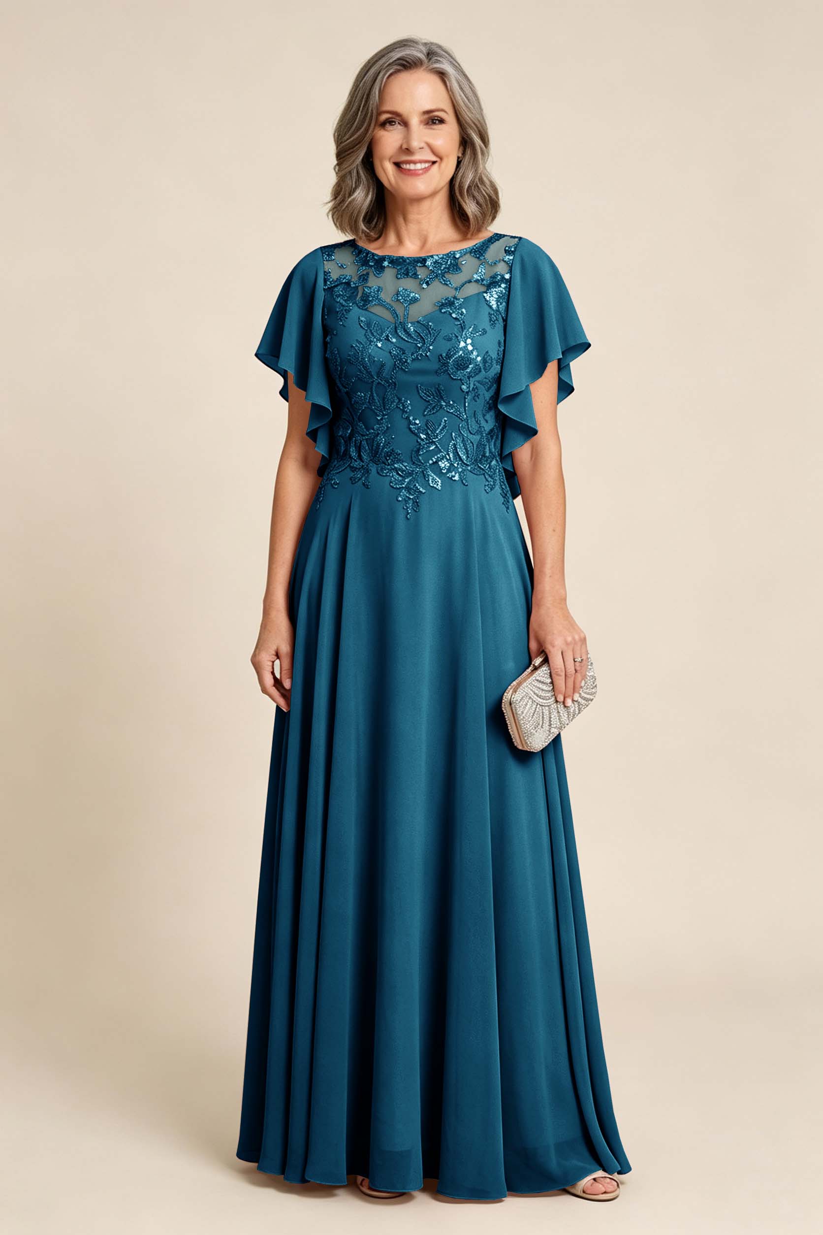 Lilac Scoop Neck Flutter Sleeve Lace Appliques Chiffon Mother Dresses