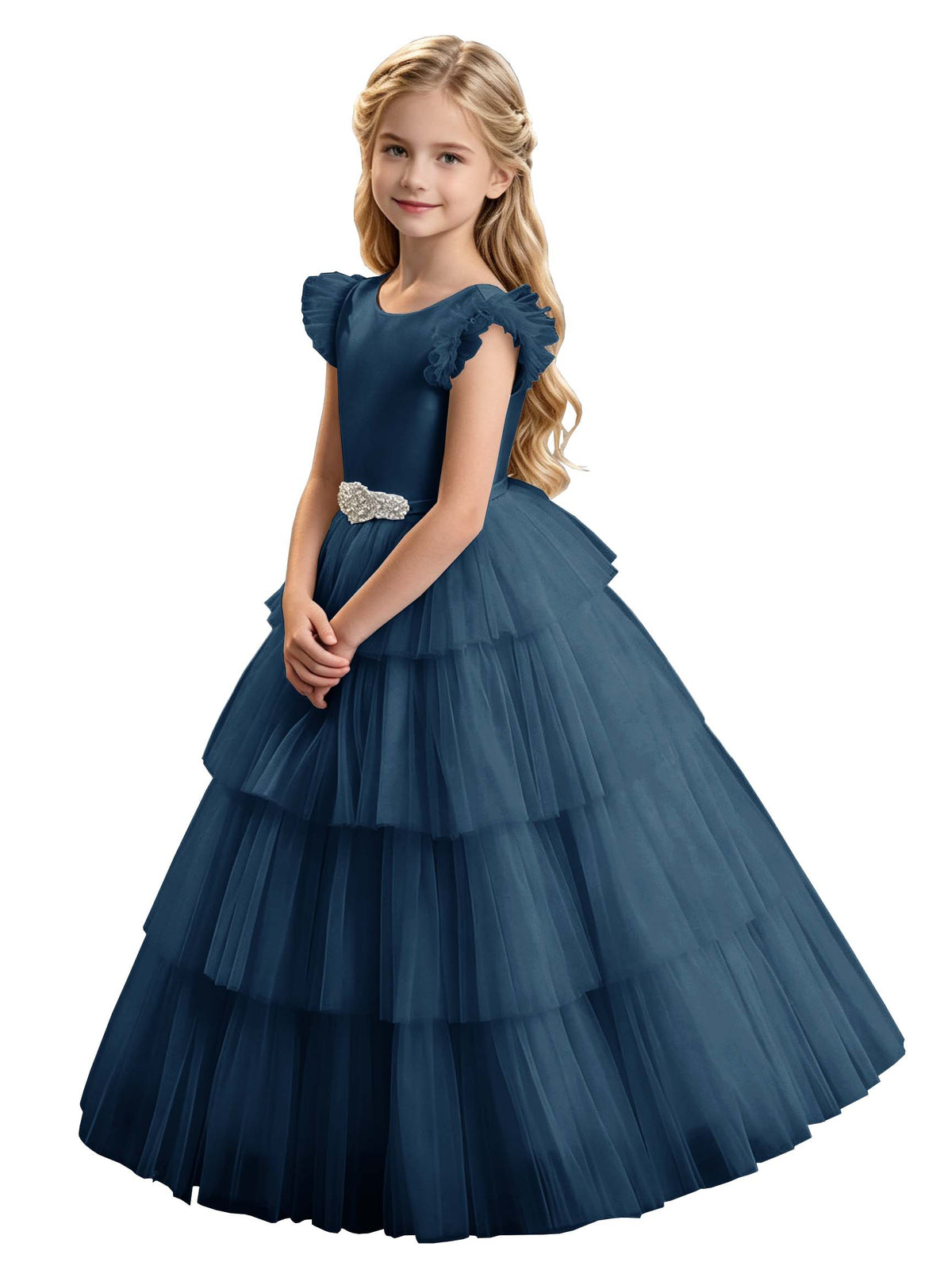 Sky Blue Tiered Tulle Flower Girl Dress with Rhinestone Belt & V-Back
