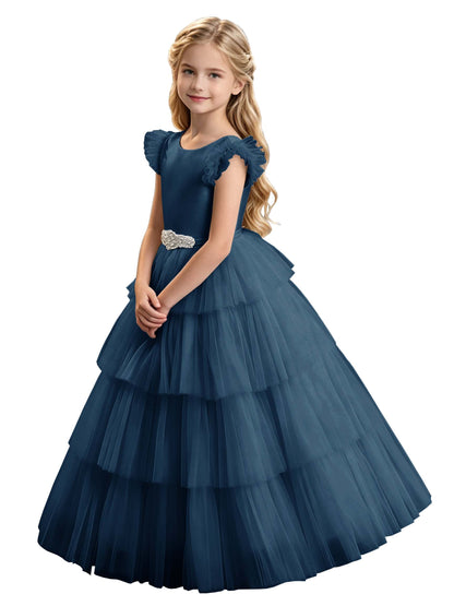 Sky Blue Tiered Tulle Flower Girl Dress with Rhinestone Belt & V-Back