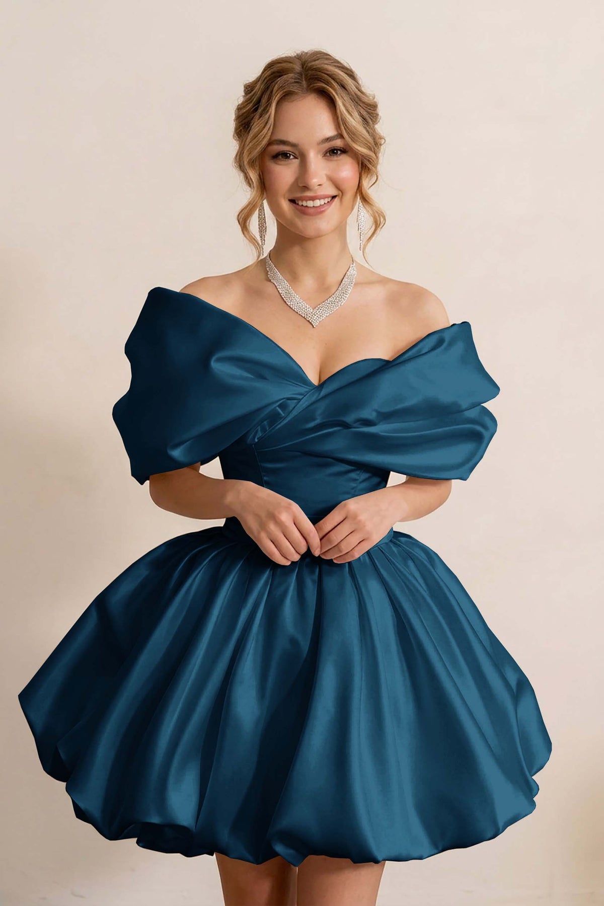 Ivory Off-the-Shoulder Bubble Hem Satin Homecoming Dresses