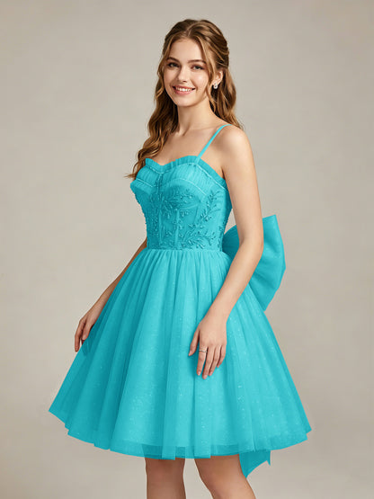 A-Line Light Cyan Sweetheart Tulle Homecoming Dresses with Lace Appliques