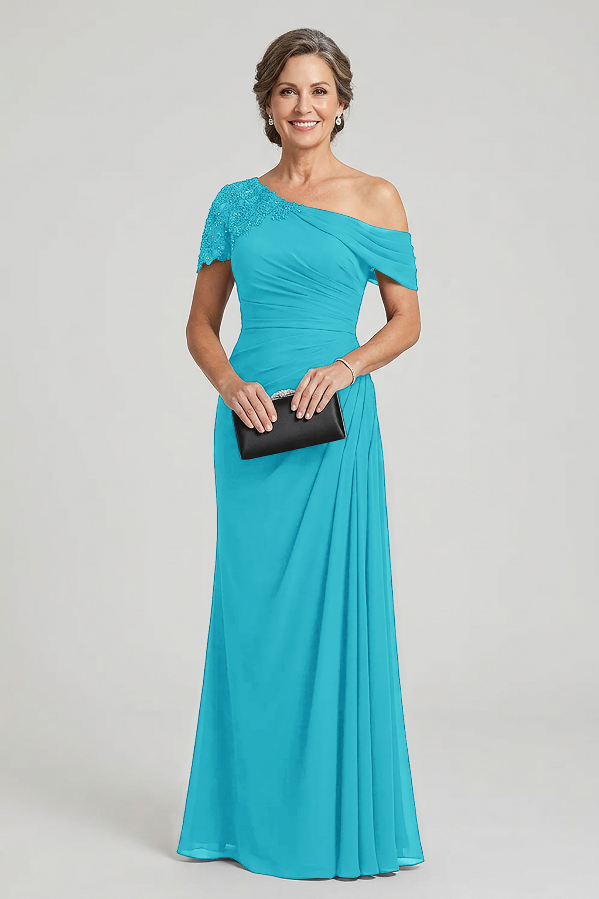 Black One-Shoulder Beaded Ruched Chiffon Mother Dresses