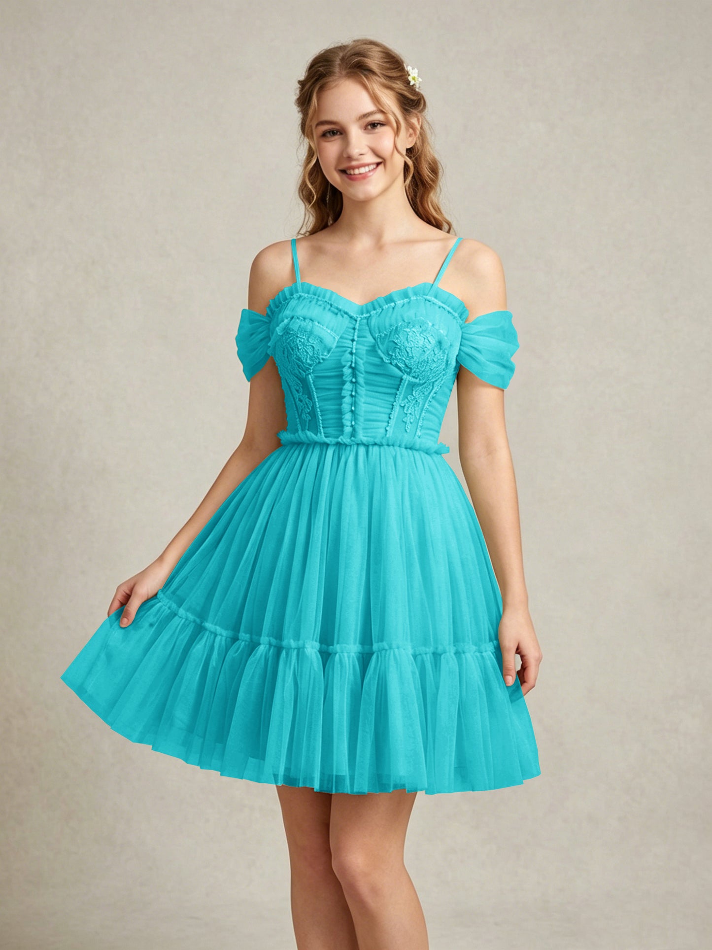 Cold Shoulder Lilac Tulle Dresses with Corset Bodice and Lace Appliques