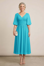 Dusty Blue V-Neck Lace Chiffon Tea-Length Mother Dresses