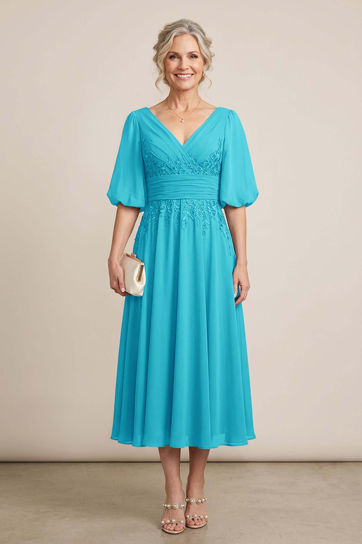 Dusty Blue V-Neck Lace Chiffon Tea-Length Mother Dresses