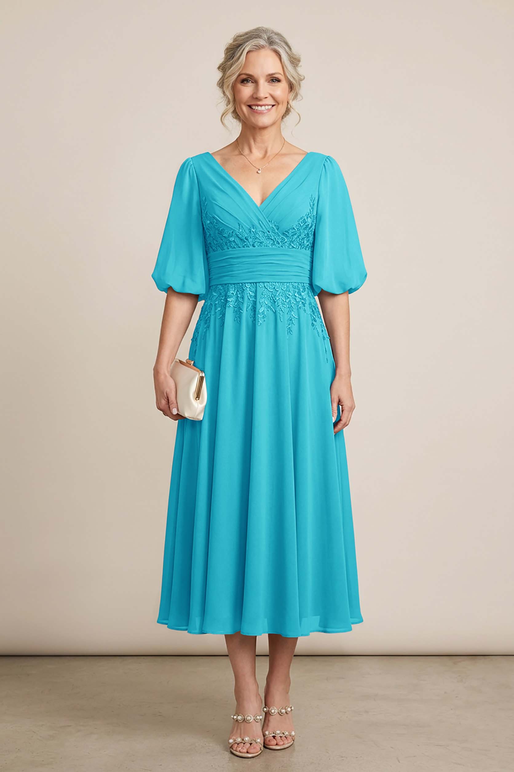 Dusty Blue V-Neck Lace Chiffon Tea-Length Mother Dresses