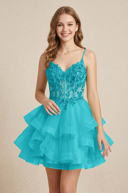 Mint Green Sequin Corset Tiered Tulle Mini Homecoming Dresses