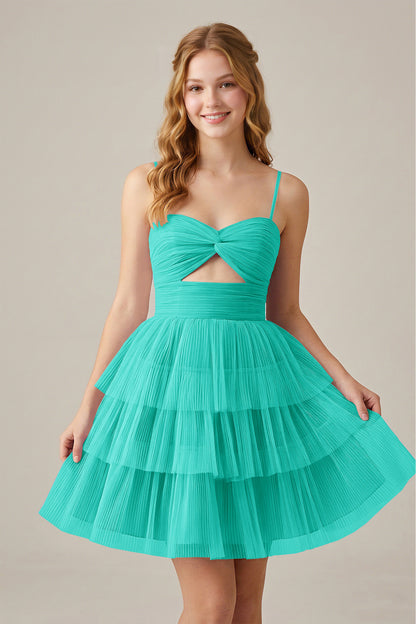 Olive Green Sleeveless Pleated Tulle Cutout Tiered Homecoming Dresses