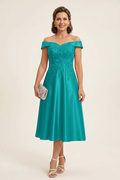 Peach Pink Off Shoulder Imitation Stretch Satin Tea-Length Mother Dresses