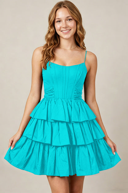 Spaghetti Straps Black Taffeta Tiered Mini Homecoming Dresses