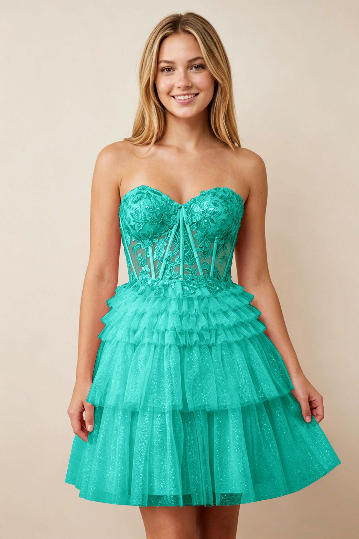 Strapless Misty Rose Lace Illusion Corset Glitter Tulle Homecoming Dresses
