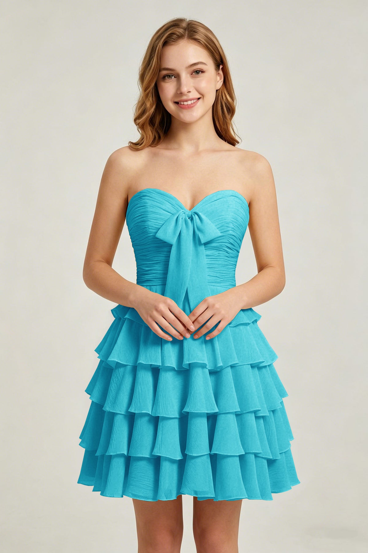 Strapless Yellow Chiffon Tiered Short Homecoming Dresses with Bow