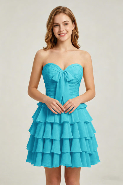 Strapless Yellow Chiffon Tiered Short Homecoming Dresses with Bow
