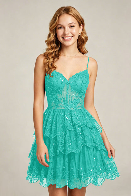 Sweetheart V-Neck Black Lace appliques Homecoming Dresses with Sequins