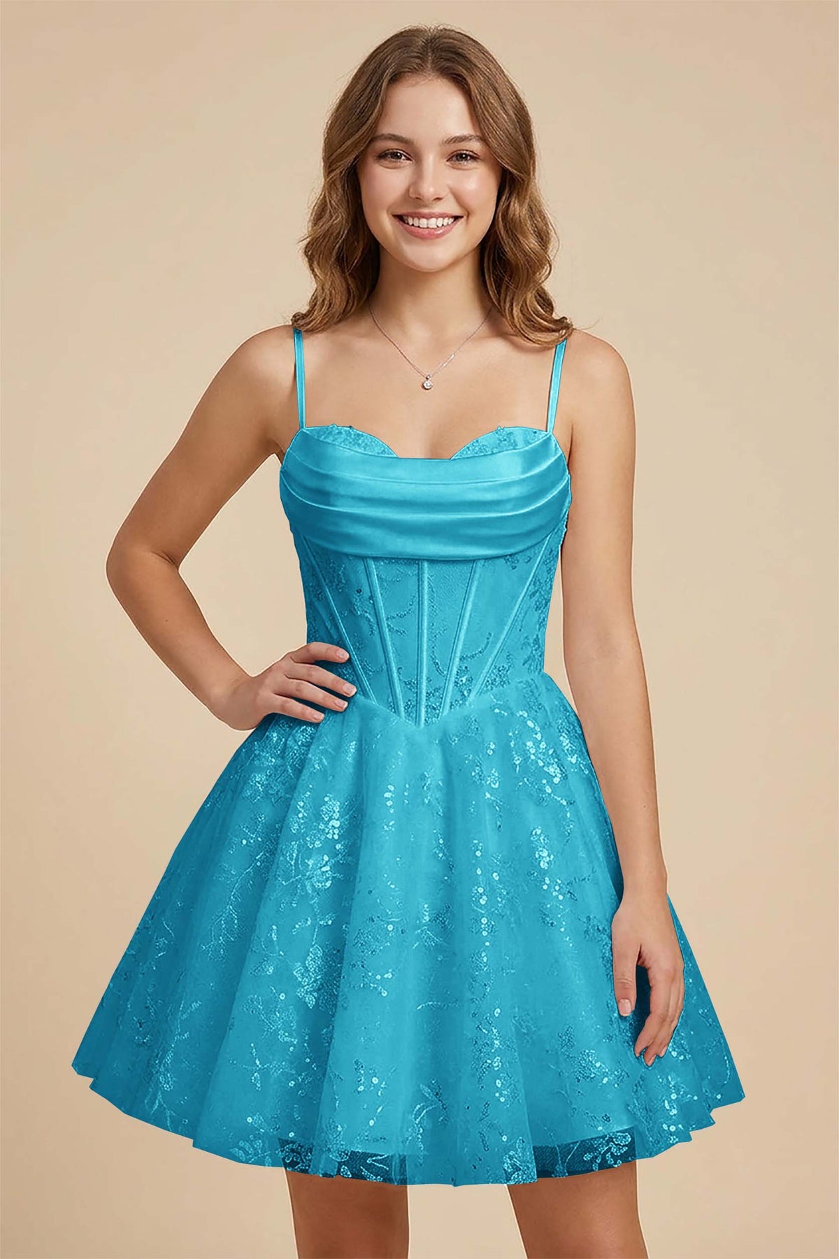White Cowl Neck Sequin Satin Corset Homecoming Dresses