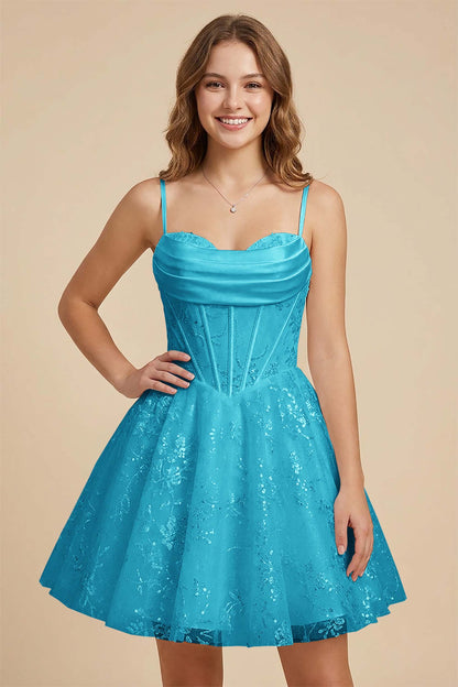 White Cowl Neck Sequin Satin Corset Homecoming Dresses
