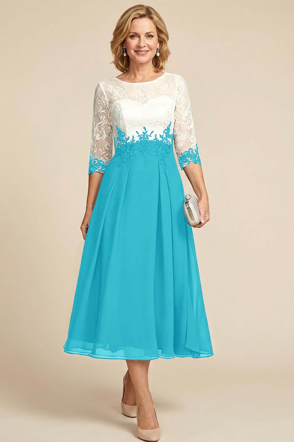 Navy Blue 3/4 Sleeve Two-Tone Lace Chiffon Mother Dresses