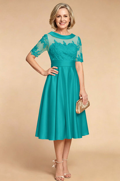 Champagne Imitation Stretch Satin Elbow Sleeve Tea-Length Mother Dresses