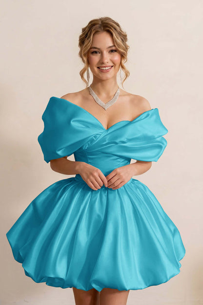 Ivory Off-the-Shoulder Bubble Hem Satin Homecoming Dresses