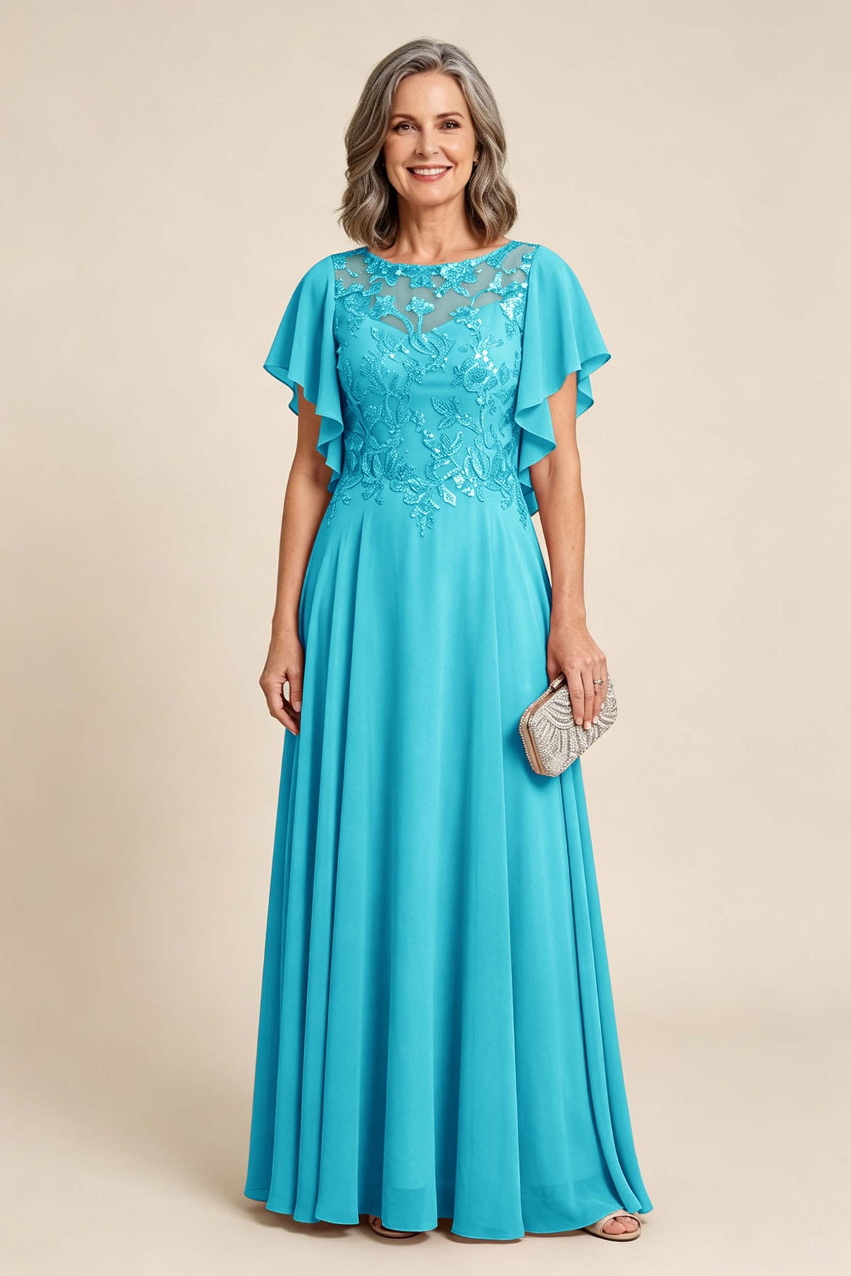Lilac Scoop Neck Flutter Sleeve Lace Appliques Chiffon Mother Dresses