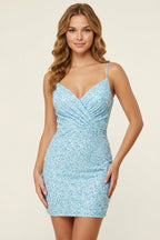 V-Neck Sky Blue Sequin Bodycon Homecoming Dresses