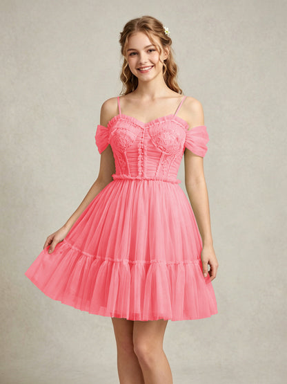 Cold Shoulder Lilac Tulle Dresses with Corset Bodice and Lace Appliques