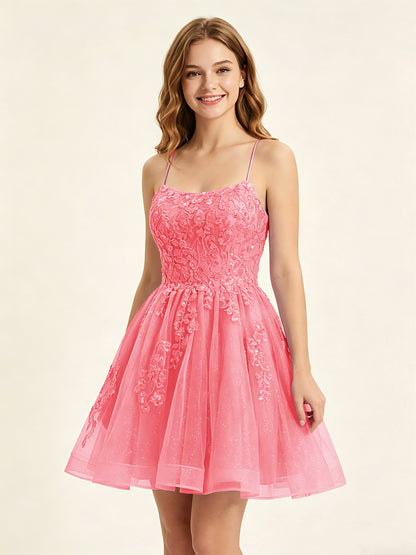 A Line Sequins Lilac Tulle Homecoming Dresses with Appliques