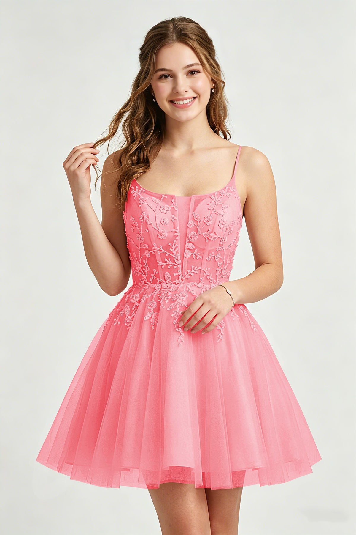 A Line Spaghetti Straps Pink Tulle Homecoming Dresses With Sequins