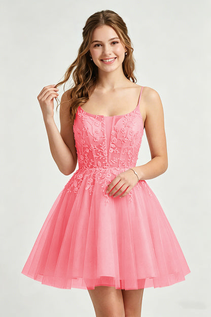 A Line Spaghetti Straps Pink Tulle Homecoming Dresses With Sequins