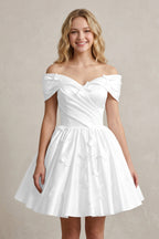 A Line Off Shoulder Ivory Satin Short Homecoming Dresses