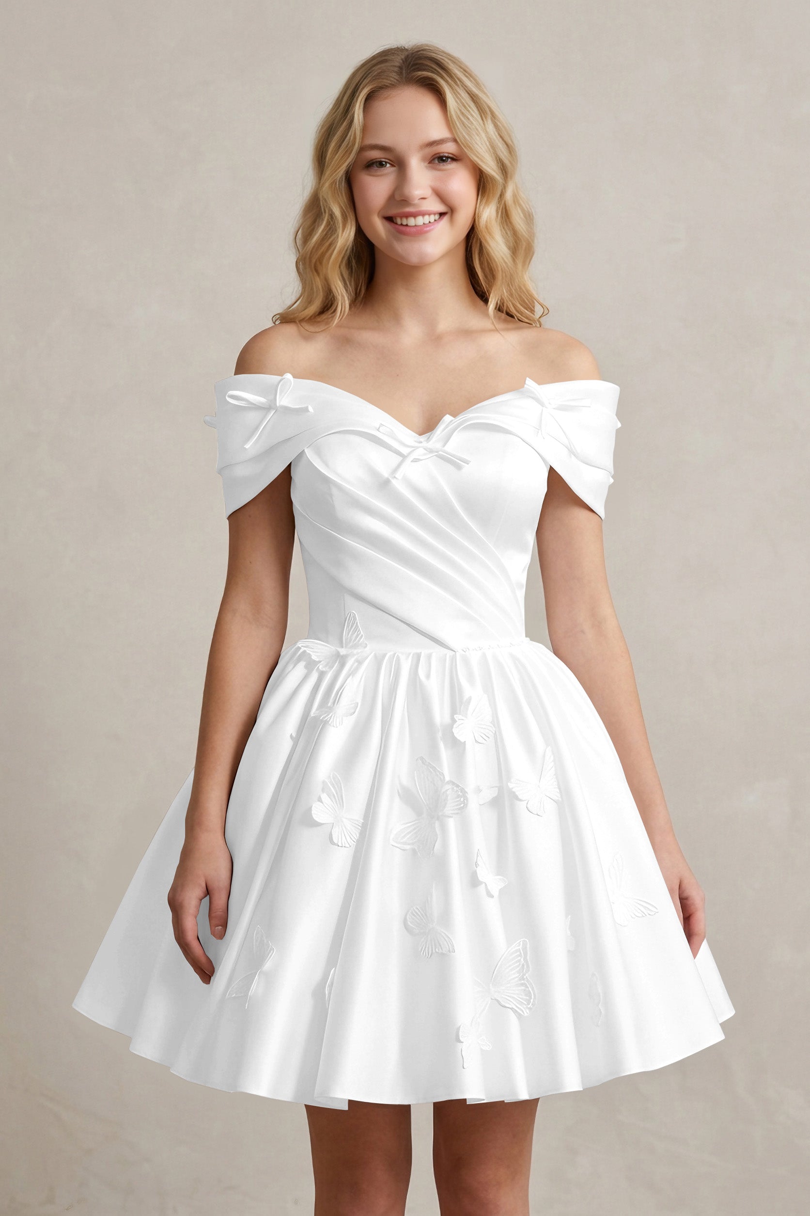 A Line Off Shoulder Ivory Satin Short Homecoming Dresses