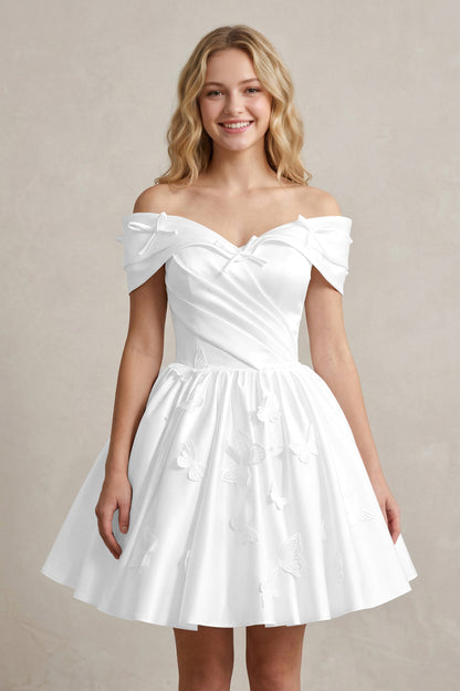 A Line Off Shoulder Ivory Satin Short Homecoming Dresses