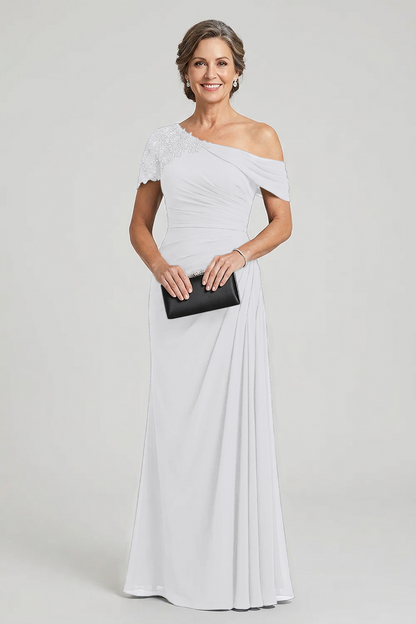 Black One-Shoulder Beaded Ruched Chiffon Mother Dresses