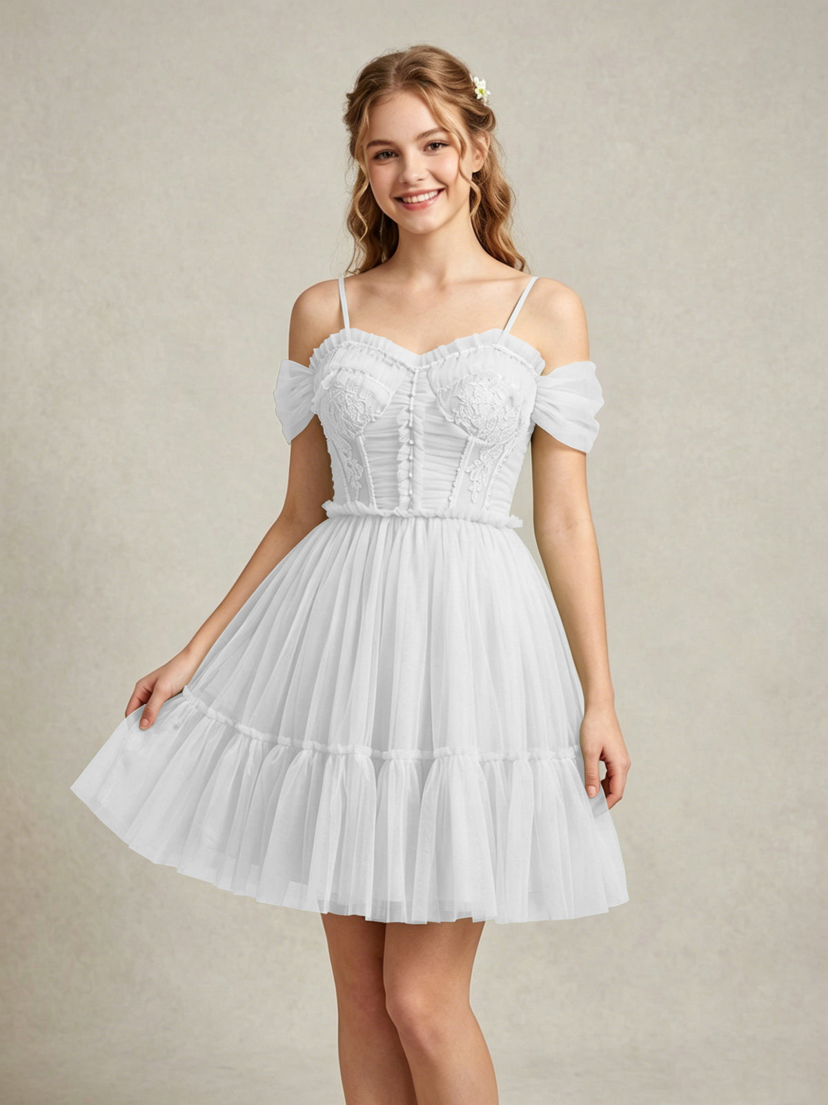 Cold Shoulder Lilac Tulle Dresses with Corset Bodice and Lace Appliques