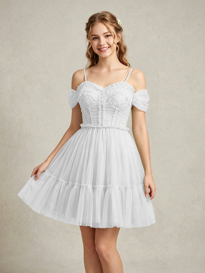Cold Shoulder Lilac Tulle Dresses with Corset Bodice and Lace Appliques