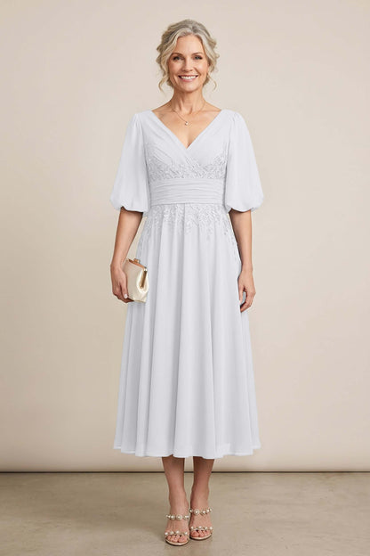 Dusty Blue V-Neck Lace Chiffon Tea-Length Mother Dresses
