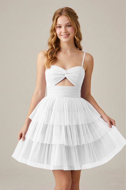 Olive Green Sleeveless Pleated Tulle Cutout Tiered Homecoming Dresses